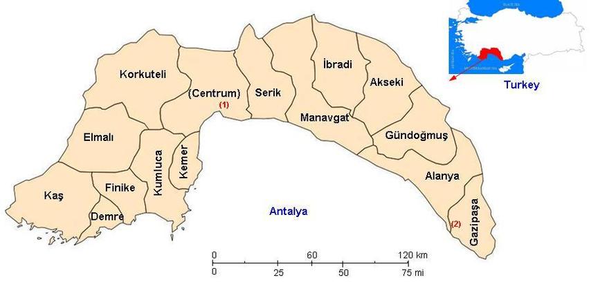 Antalya, map, harita, districts, ilçeler, Alanya, neighbors